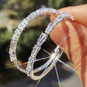 Baguette Diamond Silver Hoop Earrings